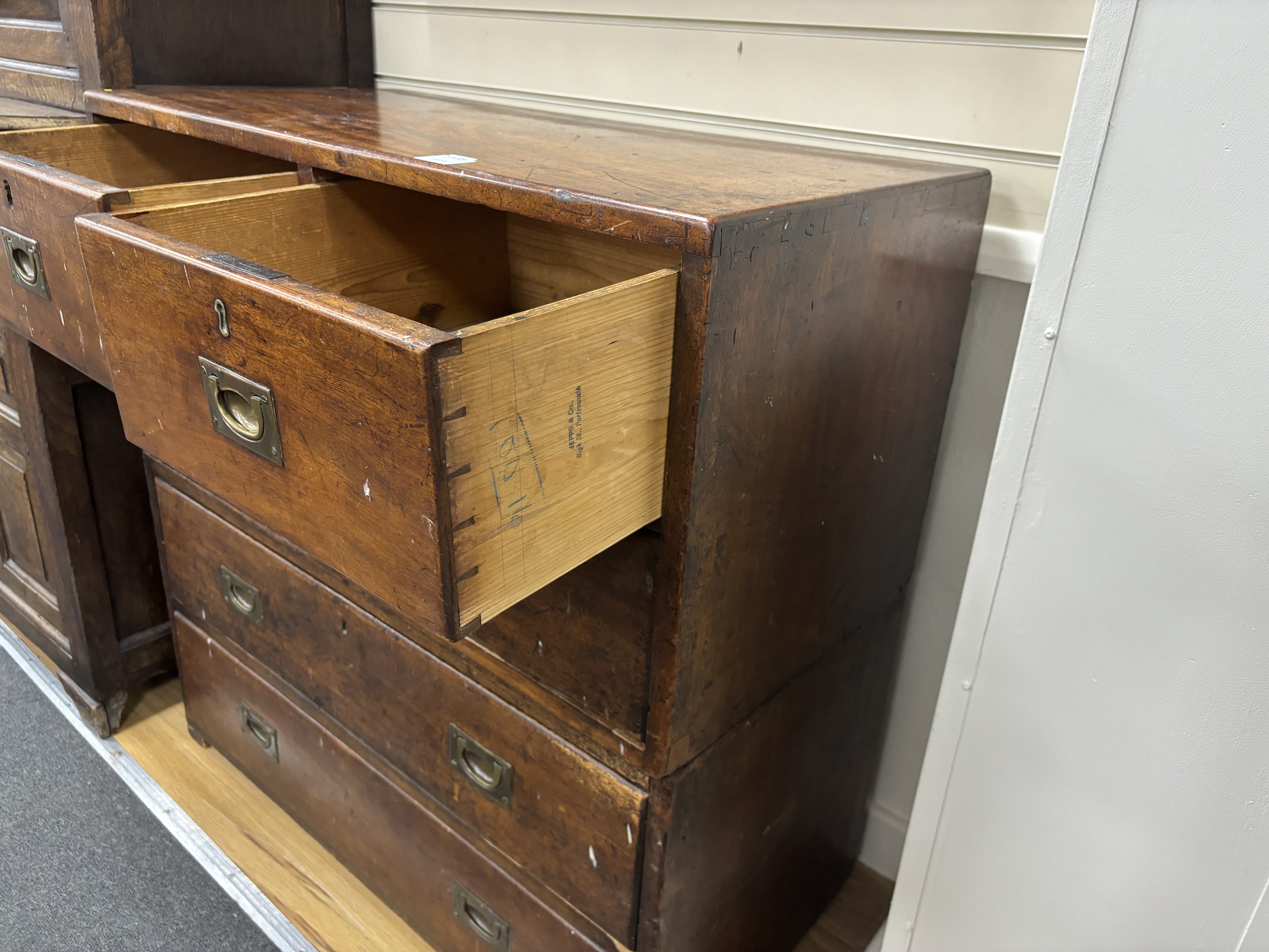 A 19th century mahogany two part military chest, width 91cm, depth 44cm, height 93cm